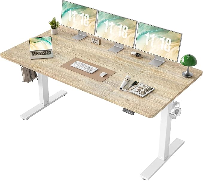 TIQLAB Electric Height Adjustable Standing Desk 71 * 30 inch, Sit Stand Desk with Splice Board, Memory Controller, White Frame & Maple Top Computer Workstation for Home Office by TIQLAB