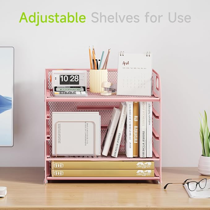 Cawukege 5 Tier Paper Organizer with Handle, Pink Metal Mesh Desk Organizer File Folder Paper Letter Tray Desktop Document Sorter for Classroom, School, Office Accessories Organization and Storage - Image 2