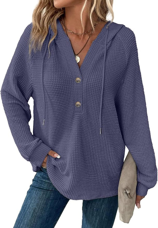 Dokotoo Hoodies for Women Waffle Knit Long Sleeve Drawstring Button V Neck Casual Sweatshirt Hooded Tops Fashion Clothing by Dokotoo