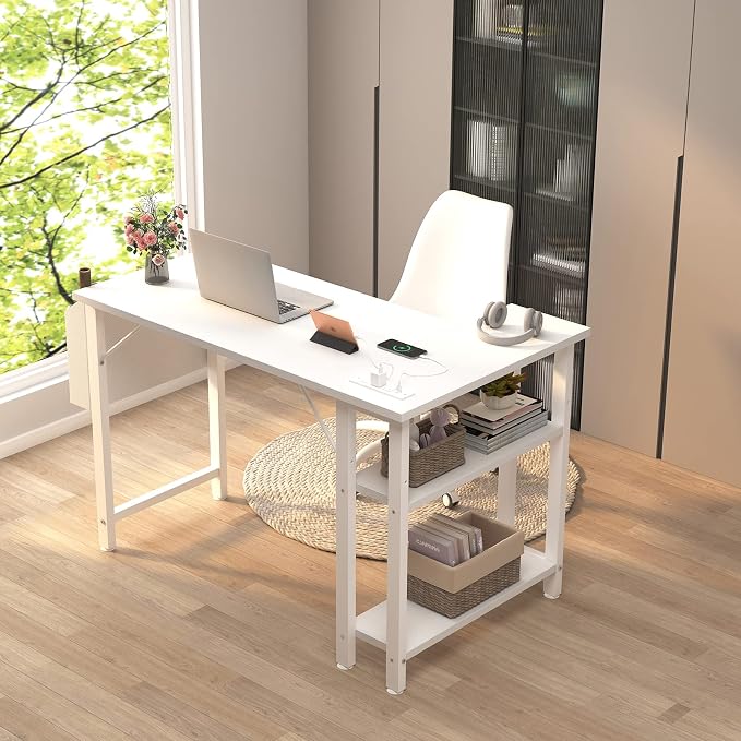 Lufeiya White L Shaped Computer Desk with Power Outlet Shelves, 40 Inch Small Reversible Corner Desk for Small Space Home Office, L-Shaped Desk PC Desks, White - Image 4