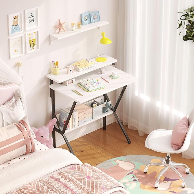 COTUBLR Small Desk, Small Computer Desk for Spaces, 27.5 Inch Computer Desk with Adjustable Monitor Stand, Compact Desk with Storage for Bedroom Home Office, White Tabletop+Black Frame - Image 6