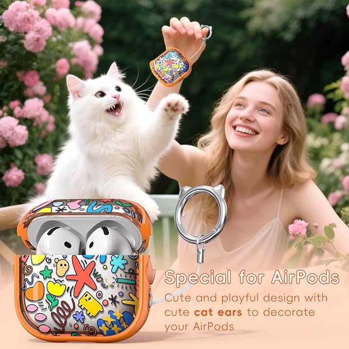 for AirPods 4 Case with Cleaning Kit, Cute Cat Ear Print Design & Cute Buckle, Inverted Phone Holder Design, Top Safe Lock Buckle Design, for Girls AirPods 4 case 2024, Orange Seaworld - Image 3