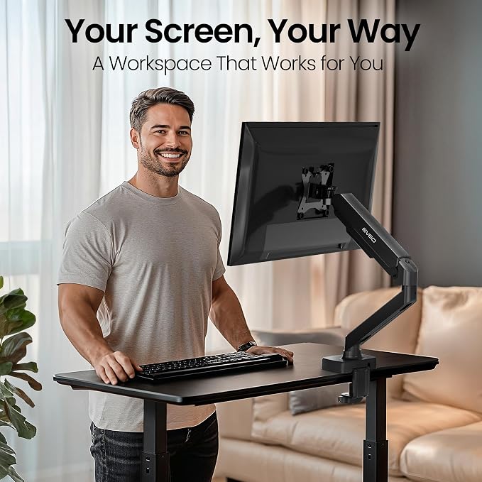 EVEO Premium Single Monitor Arm 14"–34", Adjustable Gas Spring Monitor Mount, Single Arm Desk Mount for 34 Inch Computer Screens, VESA Compatible Stand with Clamp and Grommet Base – Black - Image 2
