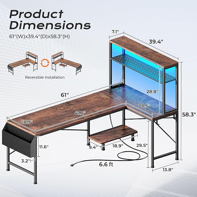 PRAISUN L Shaped Gaming Desk with LED Lights & Power Outlets, Reversible Computer Desk with Storage Shelves & Bag, Large Corner Home Office Desk with Pegboard for Work from Home, Rustic Brown - Image 2