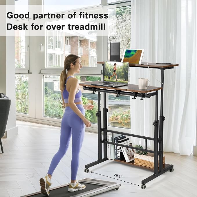 Hadulcet Mobile Standing Desk Adjustable Height, Rolling Desk Stand Up Desk, Mobile Laptop Desk, Rolling Computer Desk with Charging Station, Portable Desk with Wheels, Rustic Brown - Image 6