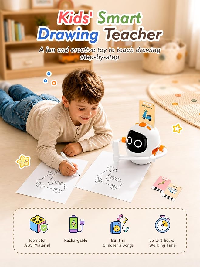 Drawing Robot Toys for Kids, 220 Flash Cards Gift for 3-8 Years Old Boys Girls, Montessori Doodle Art Painting with Voice Interactive for Beginners, Birthday (White) - Image 2