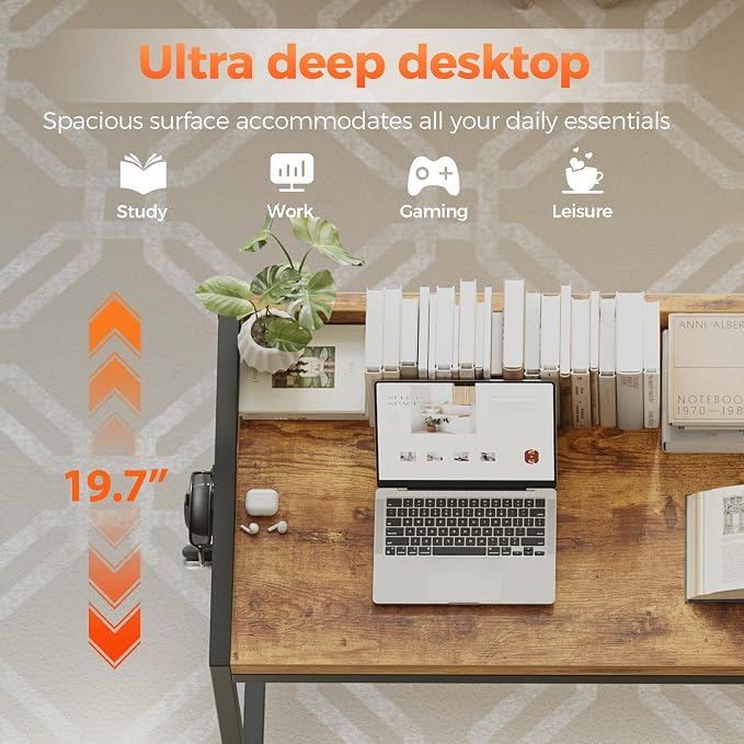 Mericonia 47x20 Inch Small Computer Desk with Wheels & Rear Lip | Simple Rolling Desk, Writing Table for Home Office Bedroom Work Study, Brown - Image 5