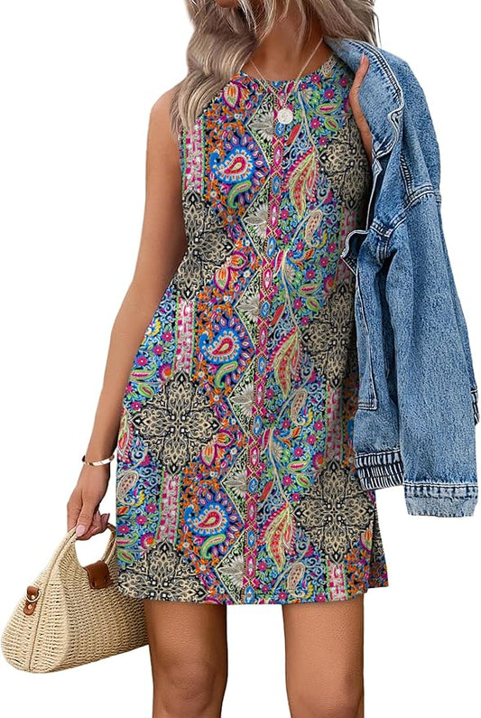 WIHOLL Casual Dresses for Women Crewneck Sleeveless Tank Dress Summer Spring Boho Vacation Clothes by WIHOLL