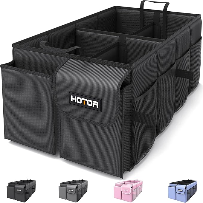 HOTOR Trunk Organizer - Car Organizer, Foldable Trunk organizer for SUVs & Sedans, Sturdy Car Organization for Car Accessories, Tools, Sundries, Black, 4 Compartments, 23.2"×16.0"×11.6" by HOTOR