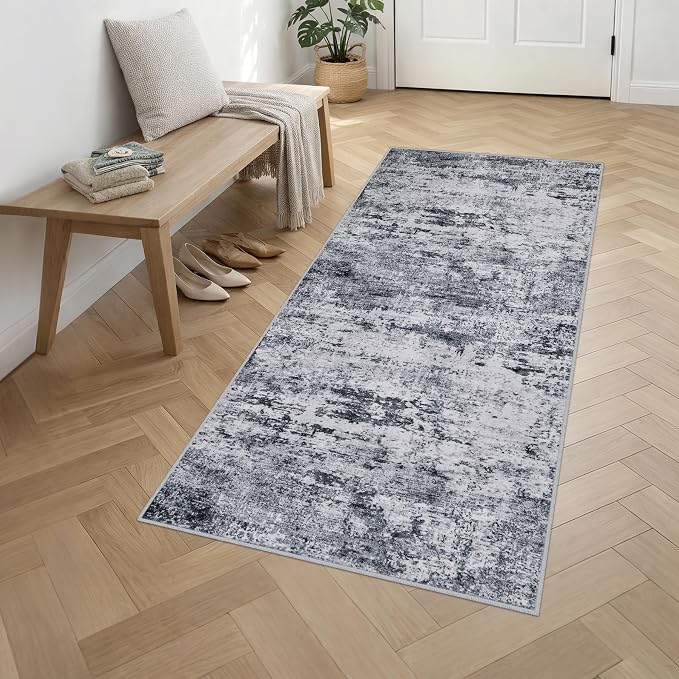 Washable Area Rug 3x8 Entryway Rug: Washable Modern Abstract Soft Thin Rug Indoor Floor No Slip Stain Resistant Carpet for Bedroom Dining Room Farmhouse Nursery Home Office - Grey - Image 3