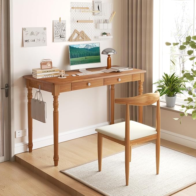 47 x 22 Inch Wooden Desk with Drawers -Simple Mid Century Modern Desk with 2 Hooks, Solid Rubber Wood Study Table for Living Room, Bedroom & Home Office, Walnut Color - Image 9
