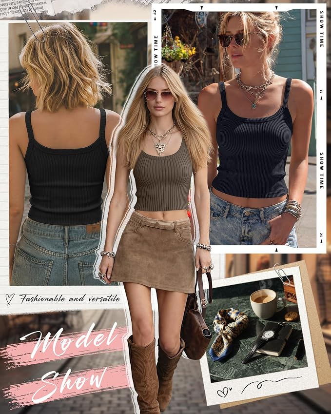 Ficerd 3 Pack Women's Tank Tops 95% Cotton Spaghetti Strap Ribbed Crop Camisole Slim Fitted Basic Summer Sleeveless Layer - Image 3