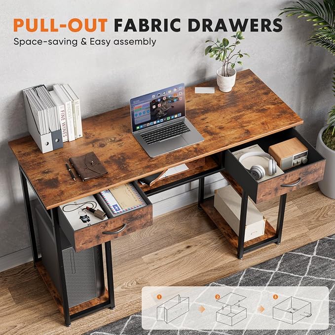 47 Inch Computer Desk with 2 Drawers, Home Office Desk with Wooden Shelves, Study Writing PC Table for Small Spaces, Bedroom, Dorm or Living Room, Rust - Image 4