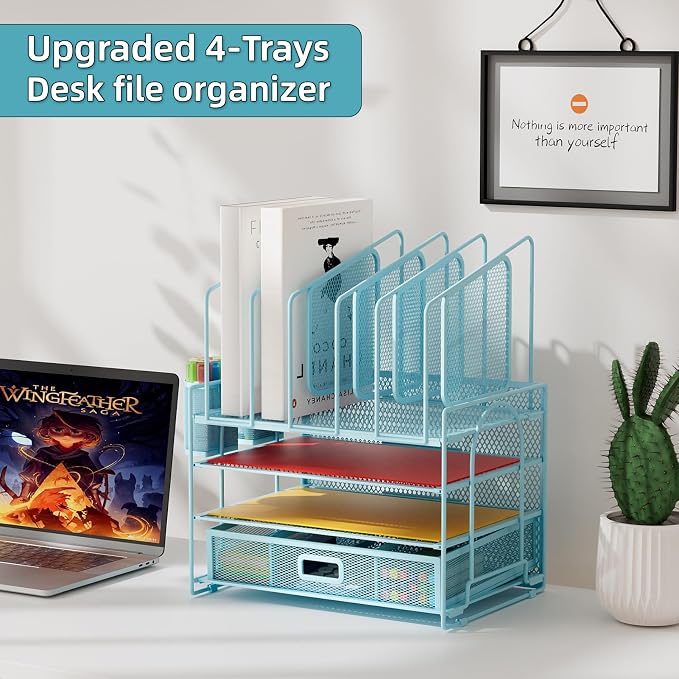Marbrasse Desk Organizers, 4-Tier Mesh Desk File Organizer with 5 Vertical File Holders and 2 Pen Holders, Multifunction Desktop Organizer,Desk Organizers and Accessories for Home Office (Blue) - Image 3