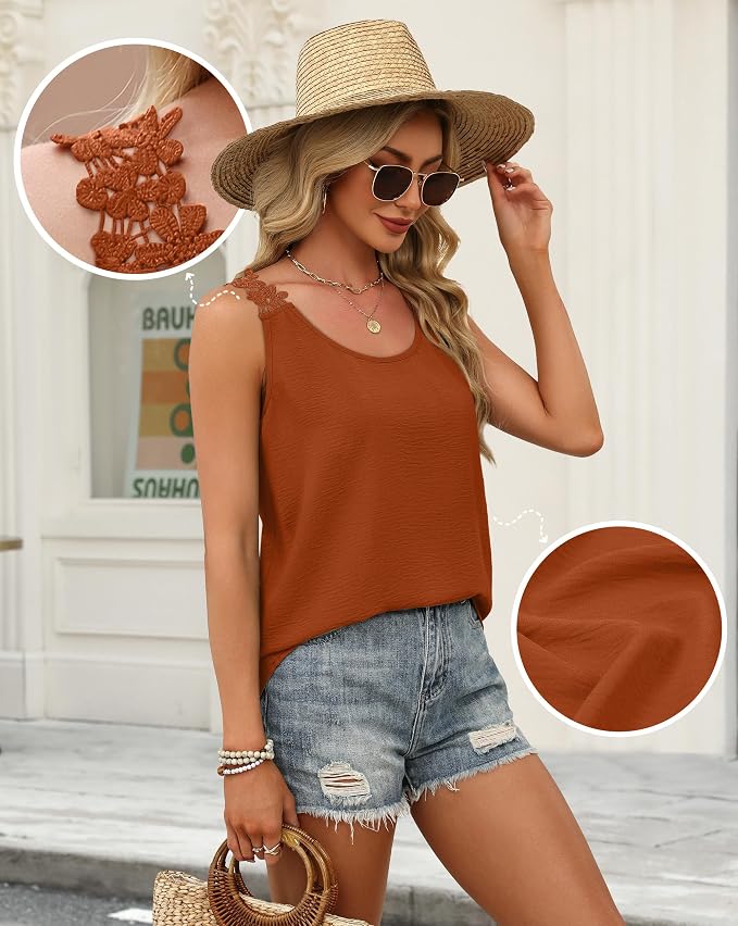 OFEEFAN Tank Top for Women Loose Fit Crew Neck Sleeveless Shirts Strap Lace Camisole Chiffon Summer Tops Curved Hem - Image 4