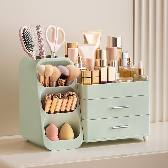 HBlife Makeup Organizer with Brush Holder for Vanity, Large Plastic Bathroom Countertop Organizer Skin Care Storage, Easy to Store Lipsticks, Nail Polishes, Perfumes, Eyeshadow Palettes, All Green - Image 2