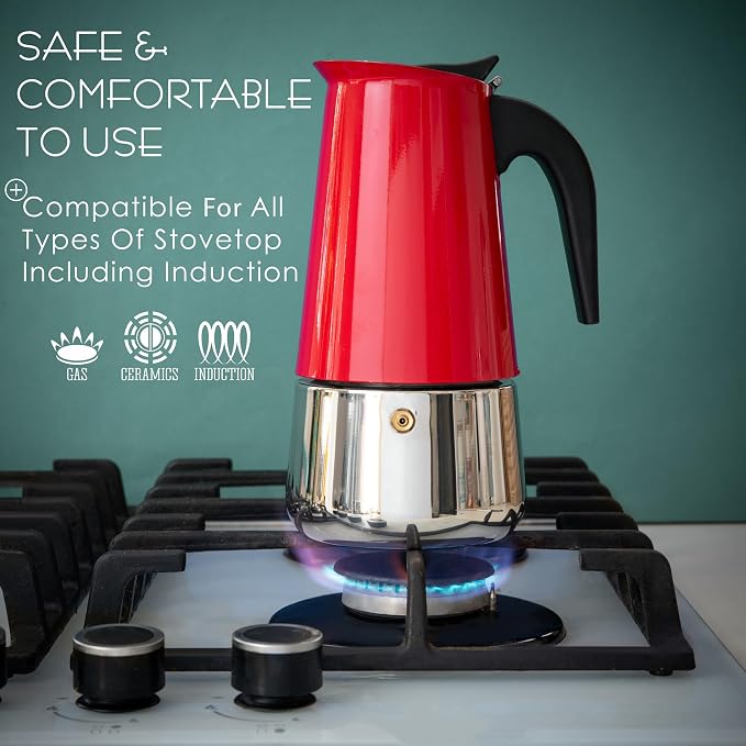 Mixpresso 6 Cup Greca Moka Pot Red Stainless Steel Stovetop Espresso Maker | 300ml/10oz Italian stovetop coffee maker with classic percolator design, ideal for preparing coffee at home or while camping - Image 6