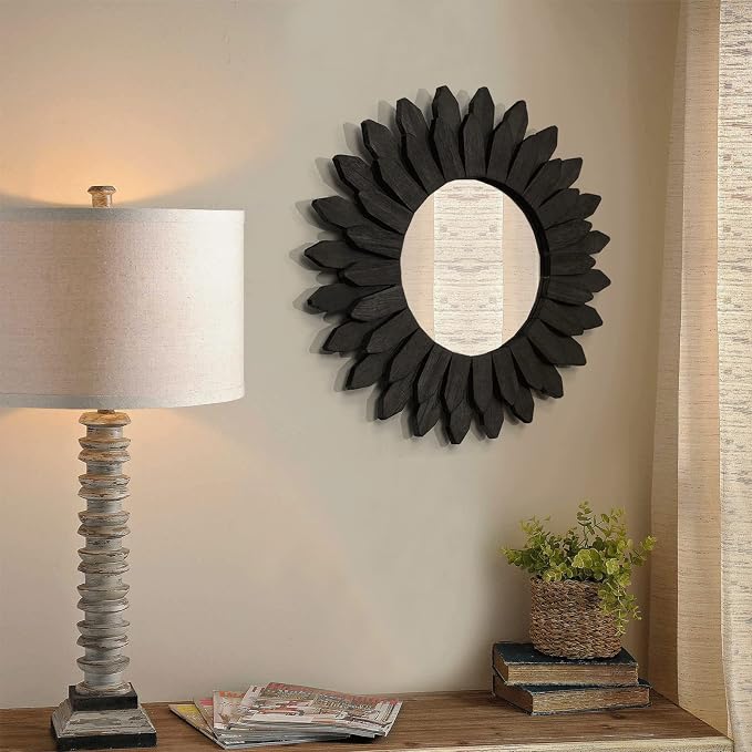 Honiway Boho Wall Decor Mirrors for Wall 2 Pack 12 inch Wood Decorative Mirror for Room Decor Rustic Farmhouse Mirror for Bedroom Bathroom Living Room Kitchen Black - Image 8