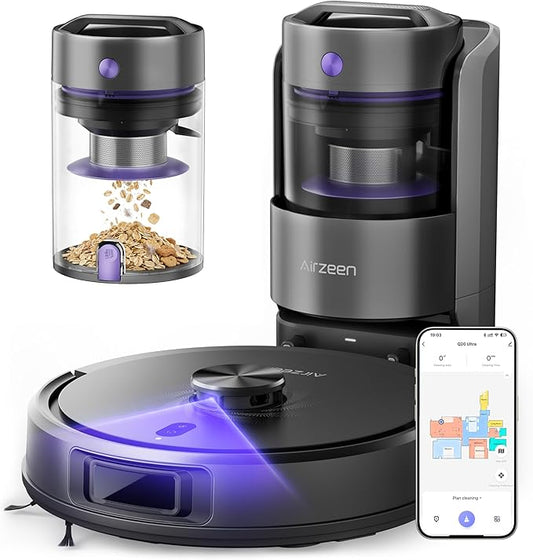 Robot Vacuum and Mop, Upgraded Bagless Robot Vacuum Cleaner with Self-Emptying, 6000Pa Robotic Vacuum with LiDAR Navigation, Smart Mapping, Schedule, App/Alexa Control for Carpet/Pet Hair, Q20 Ultra by Airzeen