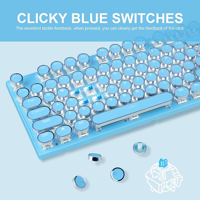 Typewriter Style Mechanical Gaming Keyboard,Retro Punk Gaming Keyboard with White Backlit, 104 Keys Blue Switch Wired Cute Keyboards with Detachable Wrist Rest,Blue Keyboards for Office/PC/Laptop - Image 4