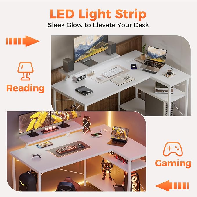 Mericonia 55 in L Shaped Gaming Desk, Large Corner Desk with Monitor Stand | Reversible Computer Desk with Power Outlets, LED Light & Storage Shelves, Office Table for Home Bedroom Study Work Writing - Image 8