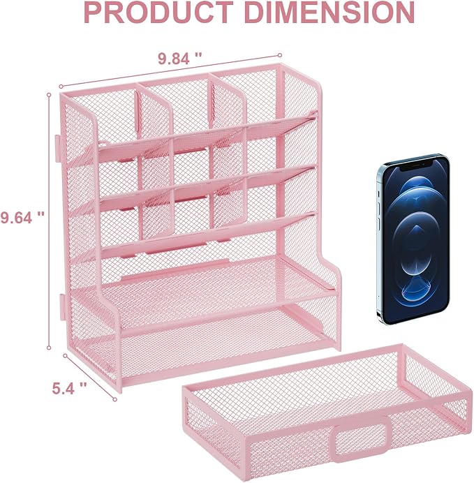 Marbrasse Larger Mesh Desk Organizer with Drawer, Multi-Functional Pen Pencil Holder, Easy Assembly, Desk Organizers and Accessories for Office Art Supplies (Pink) - Image 4