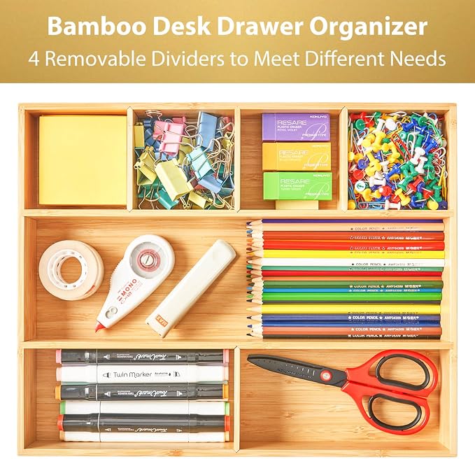 Umilife Large Bamboo Desk Drawer Organizer, Wood Office Junk Tray, 15"x12" | 2.4" Tall for Deep Drawer - Adjustable slots - Anti Slip Silicone Pads - Versatile Storage Box in Kitchen, Pantry - Image 2