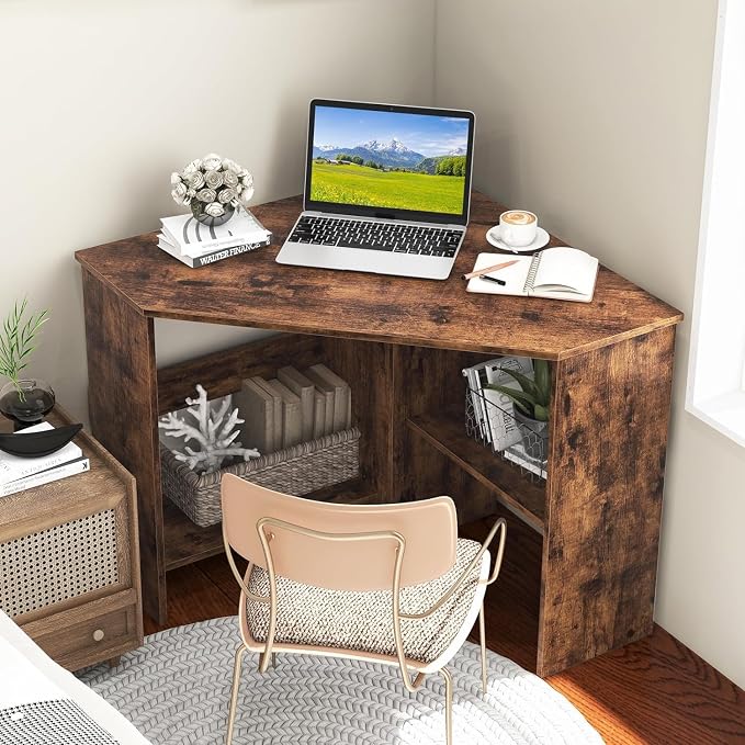 GOFLAME Corner Desk with Storage Shelves, Triangular Computer Desk with Cable Management Holes, Laptop Workstation for Small Space, Makeup Vanity Desk for Living Room, Study, Rustic Brown - Image 8