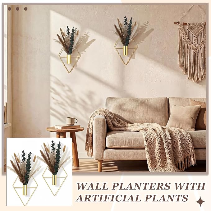 Jexine 4 Pcs Hanging Planters with Artificial Pampas Grass Metal Hanging Vase Indoor Plants Holder Modern Geometric Boho Bathroom Wall Decor for Living Room Home Office (Gloden) - Image 6