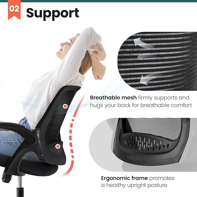 NEO CHAIR Office Desk Chair, Ergonomic Mesh with Flip-Up Armrests, Black | Lumbar Support, Height Adjustment, 360° Swivel and Rolling Base, Space-Saving Design for Home Office, Vanity or Study - Image 4
