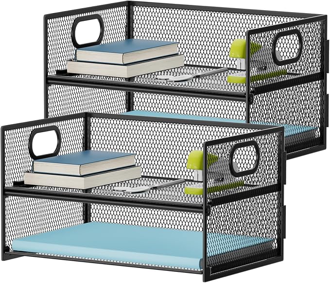 Marbrasse 2 Tier Paper Organizer Letter Tray, Mesh File Organizer with Handle, Paper Sorter Desk Organizer for Home Office Supplies - 2P by Marbrasse