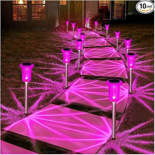DenicMic Solar Outdoor Lights 10 Pack Pink LED Valentines/Mothers Day Decor | Garden Decor for Outside Yard Patio Flowerbed Pathway Starburst Pattern, Acrylic Diamond-like Lampshade Stainless Steel Pole by Denicmic