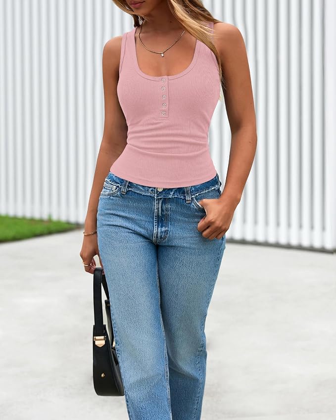 BTFBM Summer Tops for Women 2026 Scoop Neck Ribbed Henley Button Sleeveless Casual Spring Basic Tank Top Clothes Outfits - Image 6