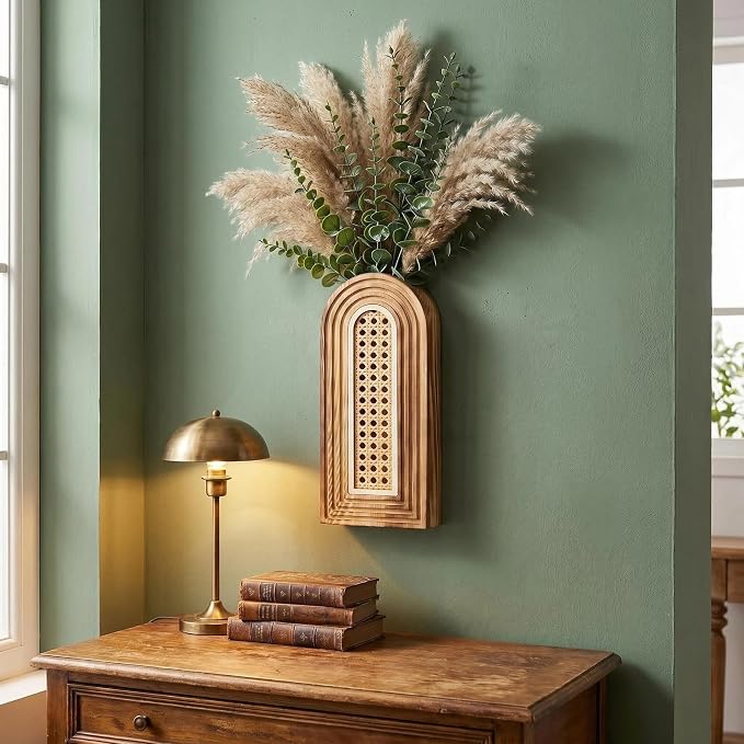 Dnnnii 2 Pack Wooden Wall Vase Set - Brown Finish Hollow Rattan Modern Farmhouse & Boho Wall Decor for Entryway, Hallway, Bathroom, Living Room, Dining Room, Narrow Spaces - Image 5