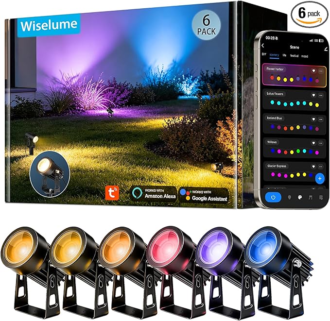 RGBCW Smart Outdoor Landscape Lighting, 6 Pack Outdoor Spot Lights with Transformer, WiFi+Bluetooth App Control Garden Path Lights, Low Voltage IP65 Waterproof for Yard Walkway Plants Trees by WISELUMEBrightYourHome