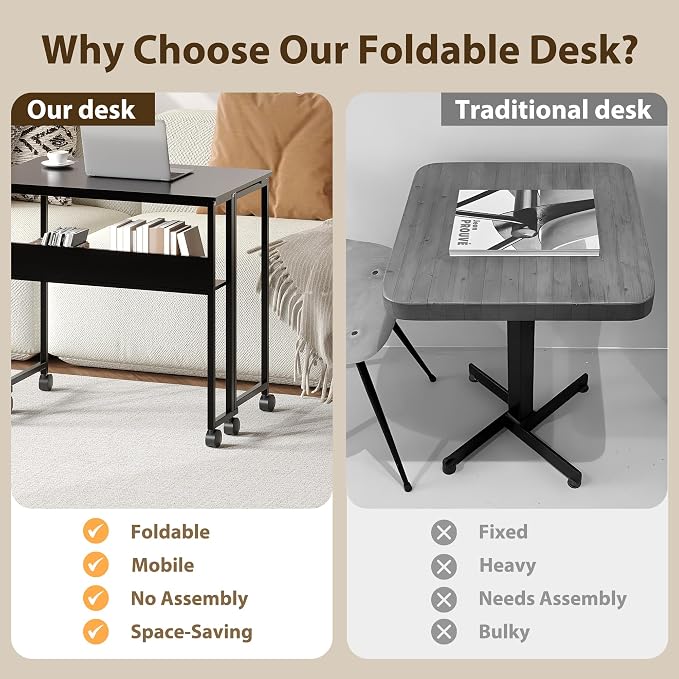 Folding Desk Small Rolling Desk with Storage Shelf,31.5 Inch Foldable Computer Table with Wheels,Portable Office Desk for Small Space Sofa Table,Easy to Fold,Writing Work Office Computer Desk,Black - Image 6
