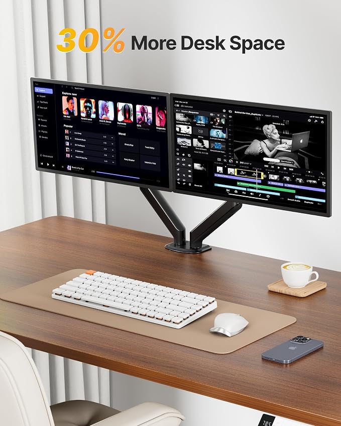 monTEK Dual Monitor Stand for Desk, 17-32 Inch Mechanical Spring Dual Arm, Heavy Duty Steel Adjustable Monitor Mount, Full Motion VESA 75x75/100x100, C-Clamp & Grommet, Holds Up to 20 lbs Each - Image 5
