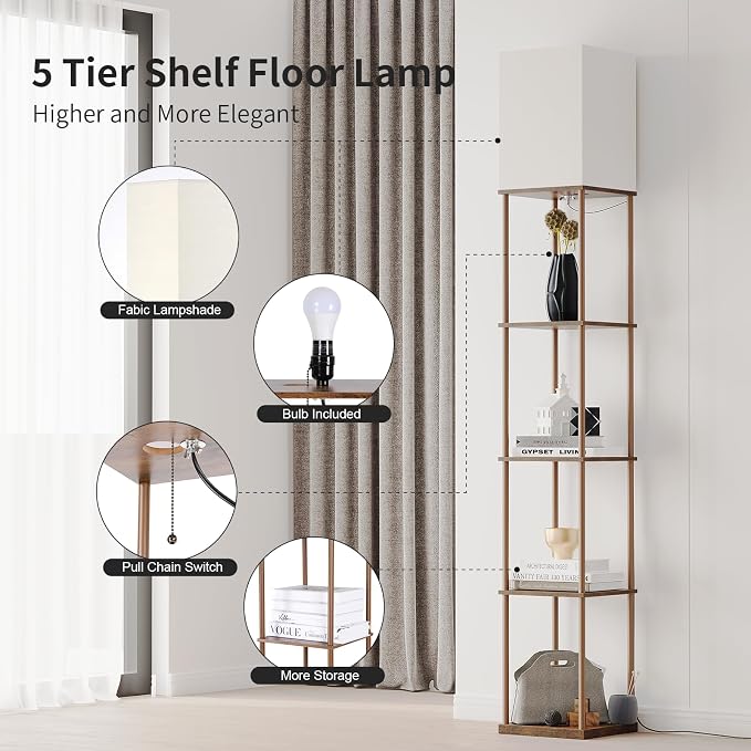 SUNMORY 5 Tier Floor Lamp with Shelves, Modern Square Standing Lamp with 3 Color Temperature Bulb, Corner Display Bookshelf Lamp for Living Room and Bedroom, Tall Shelf Floor Lamp Brown - Image 4