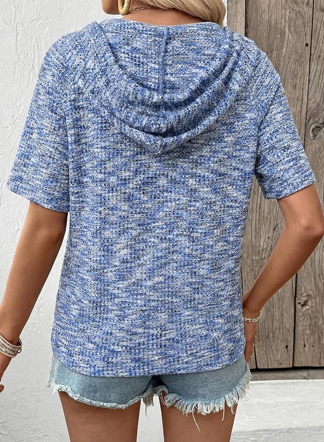 Dokotoo Womens Summer Tops 2026 Short Sleeve Button V Neck Waffle Knit Lightweight Drawstring Hoodies Casual Blouses Shirts - Image 3