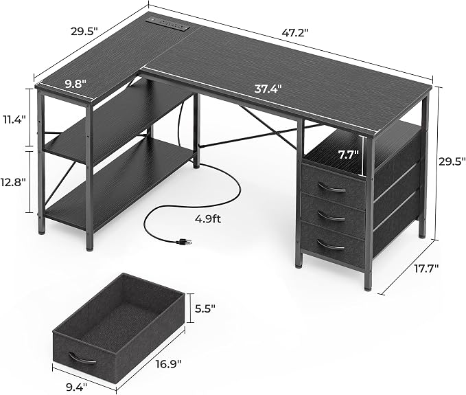 Huuger L Shaped Office Desk with Power Outlets, 47 Inch Computer Desk with 3 Drawers, Shelves, for Gaming, Corner Work, Home Office, Study, Black - Image 3
