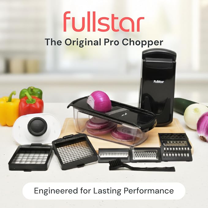 Fullstar Pro Original Vegetable Chopper & Mandoline Slicer Kitchen Gadget | 8 in 1 Veggie Slicer, Onion & Fruit Cutter with Sharp Stainless Steel Blades & Container, All-in-One Meal Prep Tool (Black) - Image 2