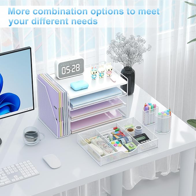 gianotter Wood Desk Organizers and Accessories with File Holder, 4-Tier Desk Accessories & Workspace Organizers with Drawer and 2 Pen Holder, Desk Reference Organizer (White, 4T with Metal Drawer) - Image 4