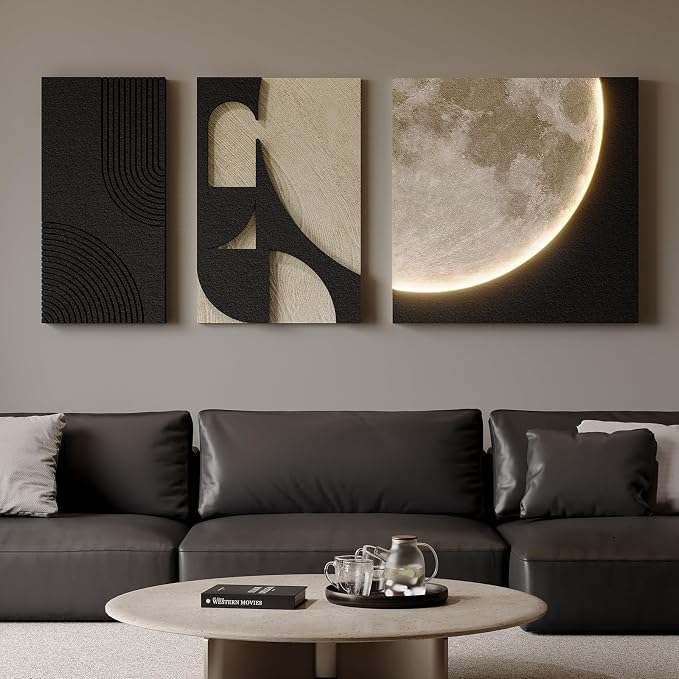 3D LED Abstract Wall Art for Living Room, 3 Piece Neutral Geometric Relief Artwork with Moon Design, Modern Minimalist Black Beige Paintings Wall Decor for Bedroom Dining Room Hallway Entryway Office - Image 2