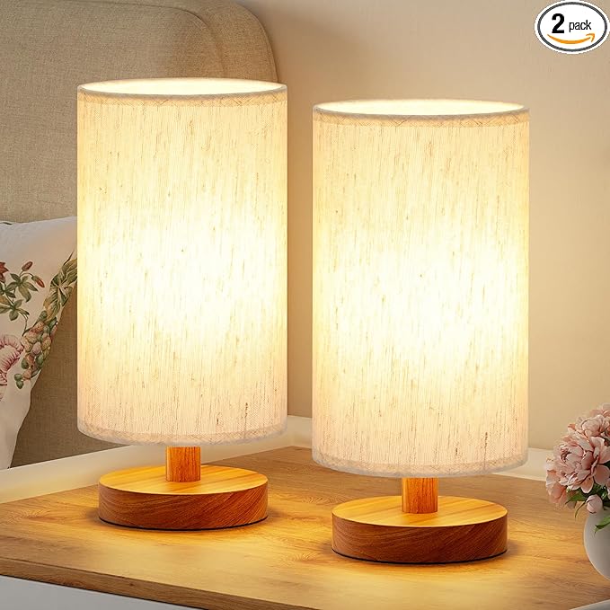 Desk Small Lamps Set of 2 (Cream Shade - Walnut Base, 9" Inline Control) | Two 3000K LED Blubs Included | 680 Lumens | Easy Assembly | Minimalist Design | E26 | for Kitchen | for Kids Room by Fenmzeelighting