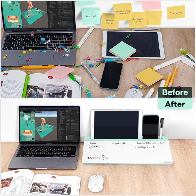 Varhomax Glass Desk Whiteboard with Storage, Desktop Dry Erase White Board to-do List Memo Keyboard Stand for Home Office and School Supplies (Green) - Image 3