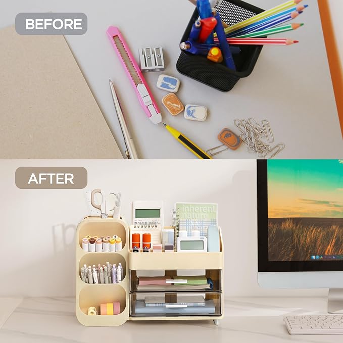 HBlife Desk Organizer with Pen Pencil Holder for Desk, Pen Organizer with 2 Drawers, Desk Organizers and Accessories with 4 Compartments, Desktop Storage for Office Home School Art Supplies, Beige - Image 6