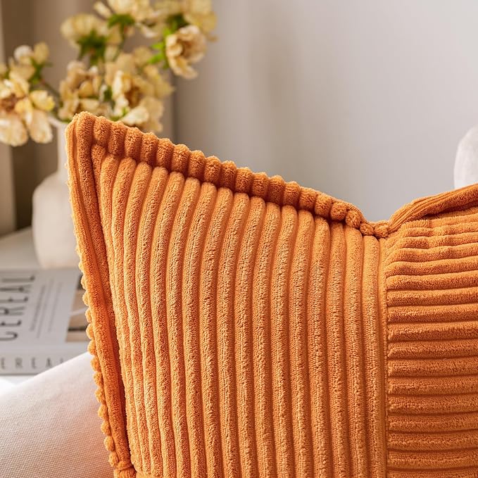MIULEE Fall Burnt Orange Decorative Throw Pillow Covers for Couch Bed Livingroom 18x18 Inch Set of 2 Boho Accent Throw Pllows Broadside Striped Patchwork Soft Corduroy Pillowcases - Image 2