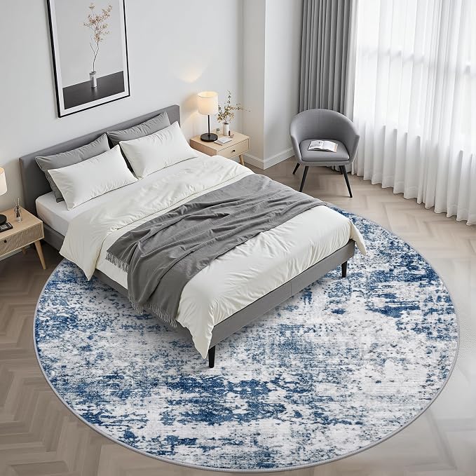 Round Area Rug for Living Room: 6 ft Washable Modern Abstract Soft Thin Rug Indoor Floor No Slip Stain Resistant Carpet for Bedroom Dining Room Farmhouse Nursery Home Office - Blue - Image 2