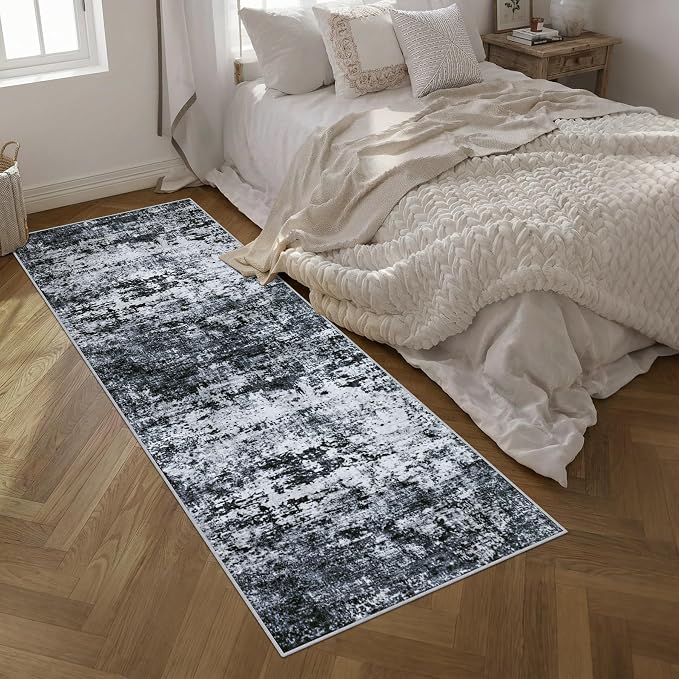 Washable Area Rug 3x10 Entryway Rug: Washable Modern Abstract Soft Thin Rug Indoor Floor No Slip Stain Resistant Carpet for Bedroom Dining Room Farmhouse Nursery Home Office - Black - Image 2