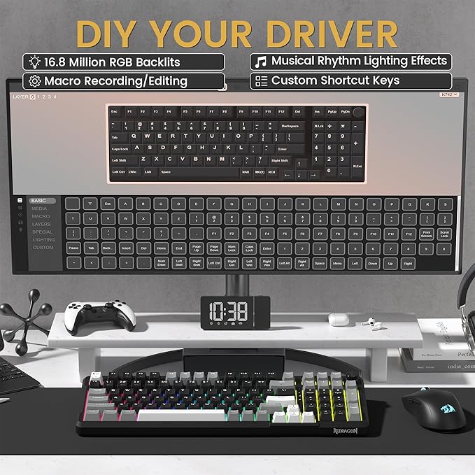 Redragon K742 Wireless Mechanical Gaming Keyboard with Knob for PC Computer | Bluetooth 5.0/2.4GHz/USB C Wireless Creamy Keyboard with Number Pad, RGB Backlits, Hot-Swappable with Linear Switches (Black) - Image 4